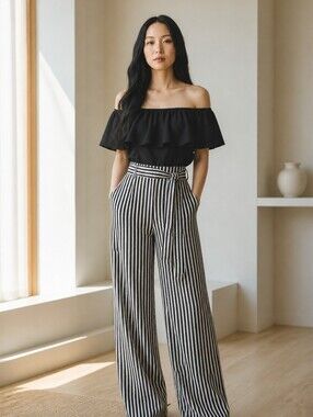 J For Justify Black Ruffle Off-Shoulder Striped Maxi Romper